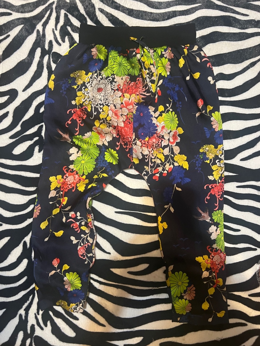 Junior Gaultier Black Floral Harem Pants with Multicolor Blooms